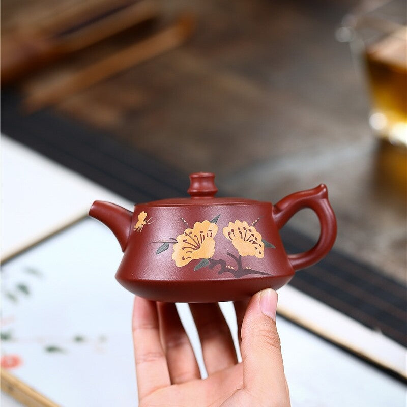 Tea Pot Handmade Carved Flower Design Real Yixing Zisha Dahongpao Clay Pot Mark
