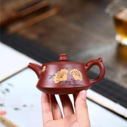 Tea Pot Handmade Carved Flower Design Real Yixing Zisha Dahongpao Clay Pot Mark