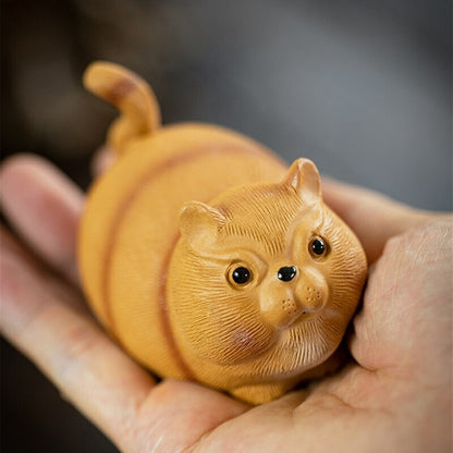 Chinese Sculpture Purple Clay Tea Pet Small Cat Statue Handmade Tea Set Decor