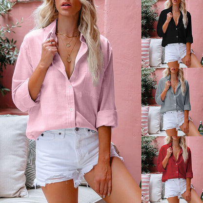 Womens Baggy Cotton Linen Shirts Button Up V Neck Tops Ladies Long Sleeve Blouse