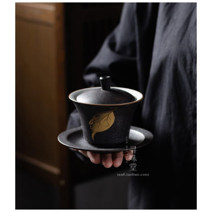 Vintage Black Ceramic Gaiwan Tea Cup 140ml 4.8oz Chinese-Kungfu Tea Set Tea Bowl
