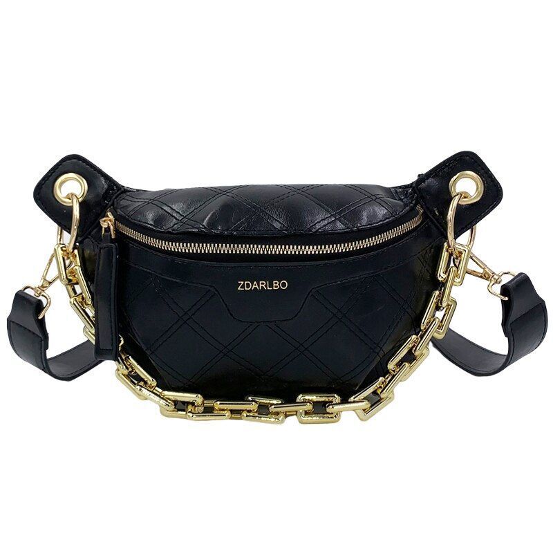 Thick Chain Fanny Pack Plaid Leather Waist Bag Shoulder Crossbody Handbags Belt