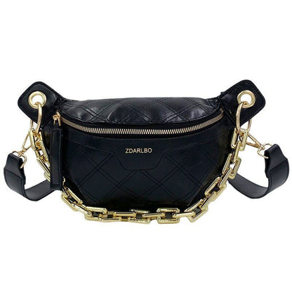 Thick Chain Fanny Pack Plaid Leather Waist Bag Shoulder Crossbody Handbags Belt