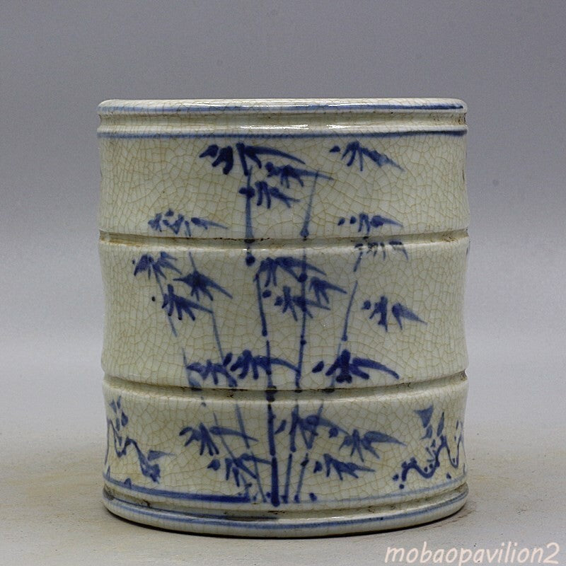 5" Collect Chinese Old Qing Blue White Porcelain Hacking Bamboo Joint Brush Pot