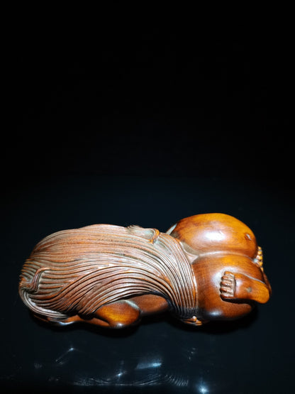 Rare old Boxwood Mermaid girl Wood Hand Carved Statue netsuke hand piece tea pet