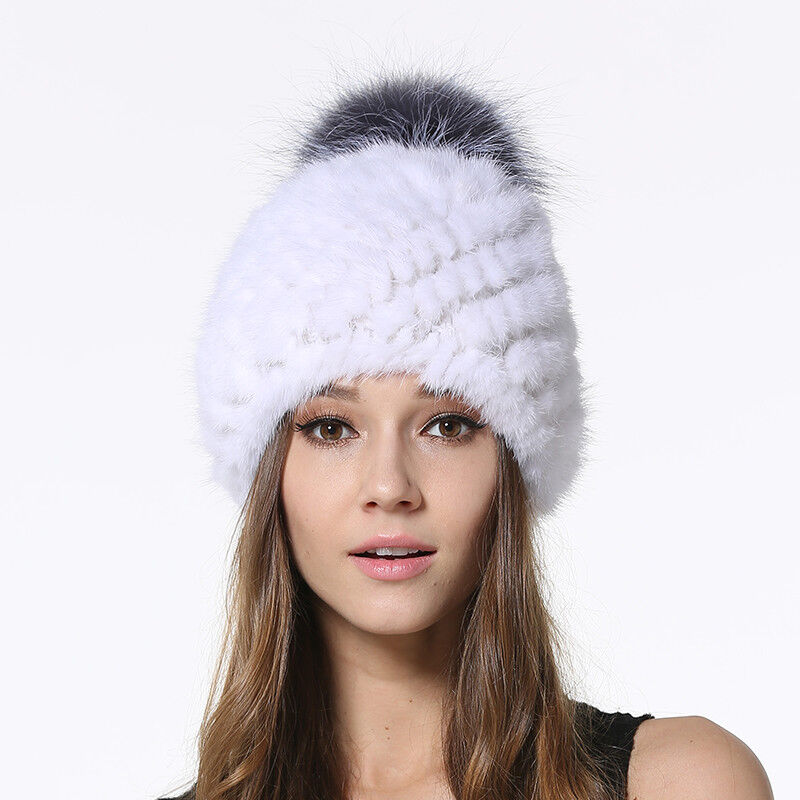 Winter Mink Fur Hats Beanies Women Real Silver Fox Fur Ball Caps Knitting Liner