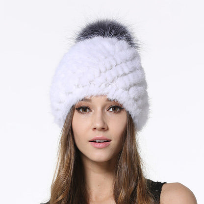 Winter Mink Fur Hats Beanies Women Real Silver Fox Fur Ball Caps Knitting Liner