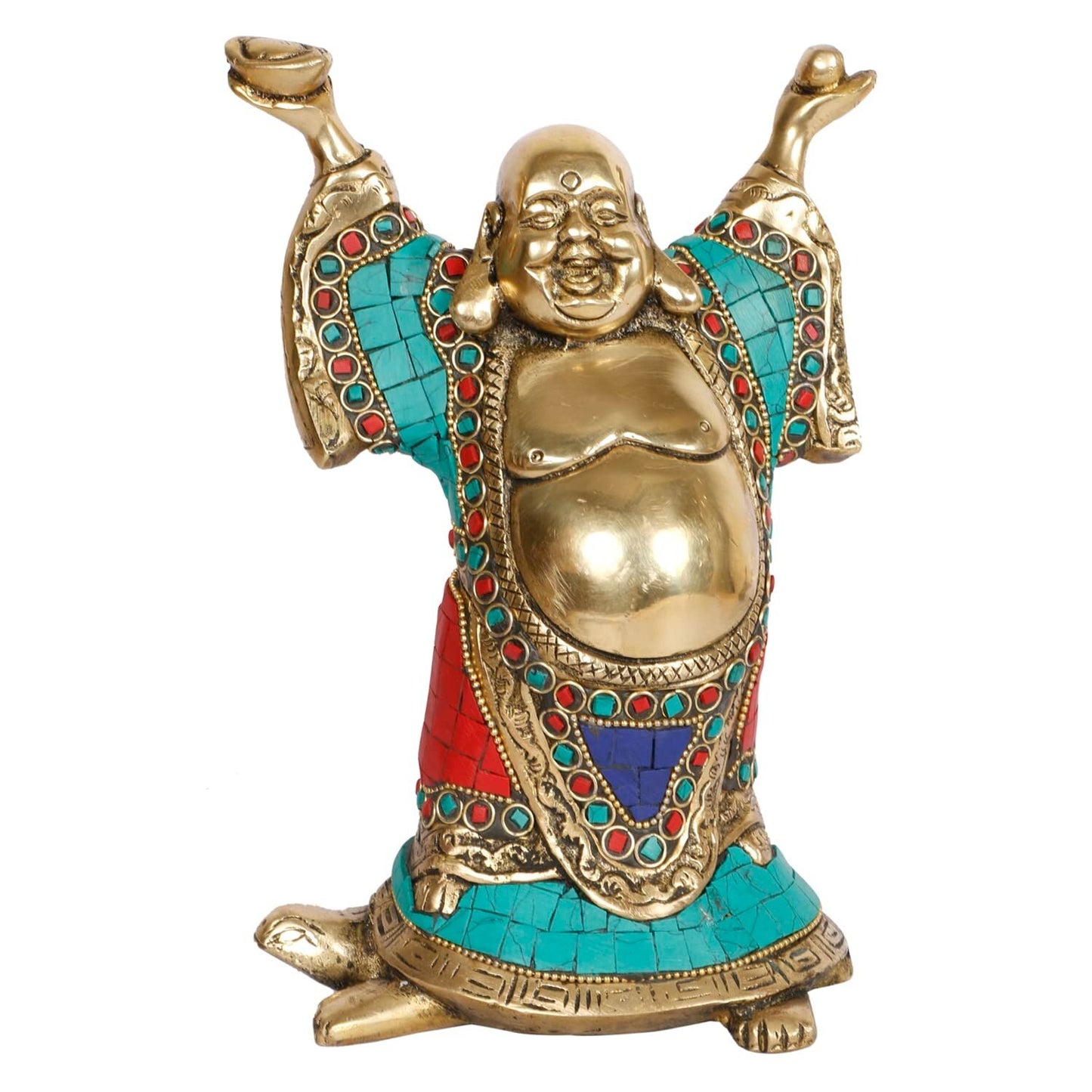 Feng Shui Laughing Buddha Standing on Tortoise Brass Statue Idol Home Decor