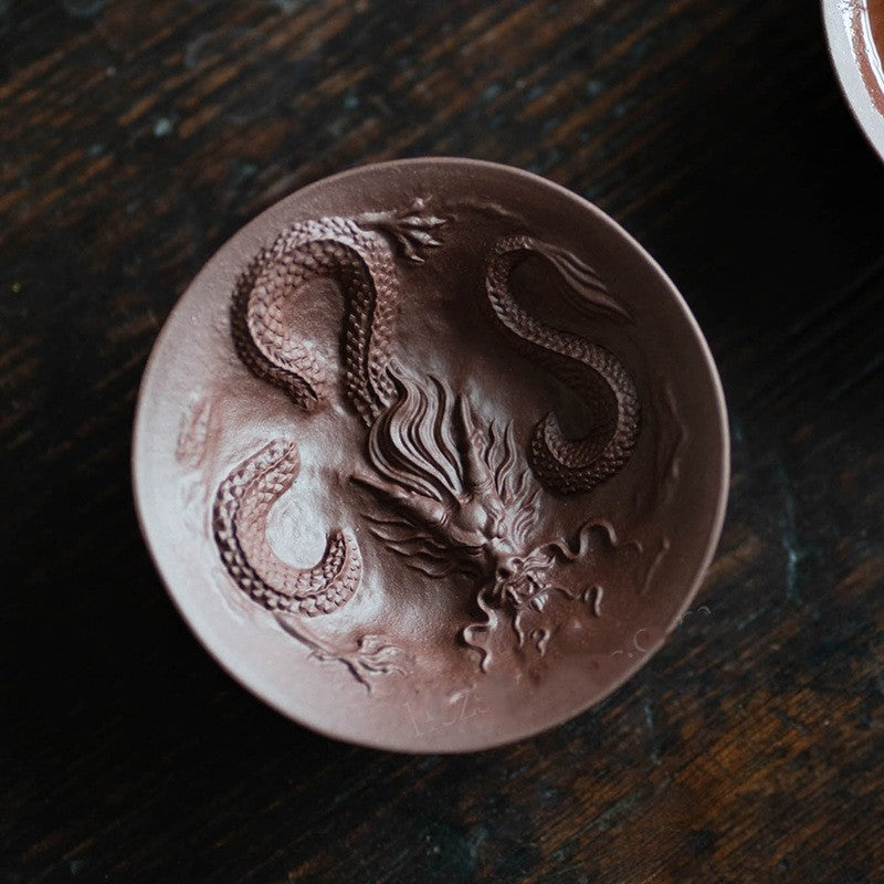 Full Handmade Tea Cup Dragon Carved True Yixing Zisha Purple Clay Master Cup New
