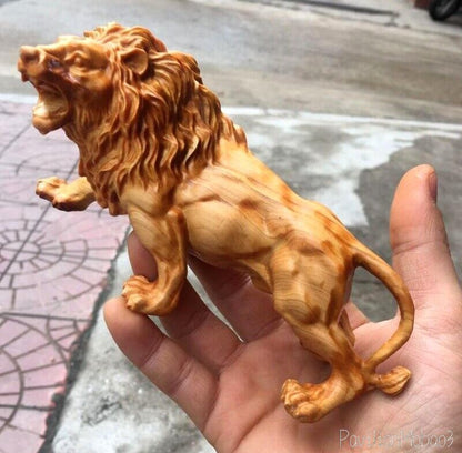 Cypress Wood Carved Male Lion Statue Animal Art Sculpture Table Decor