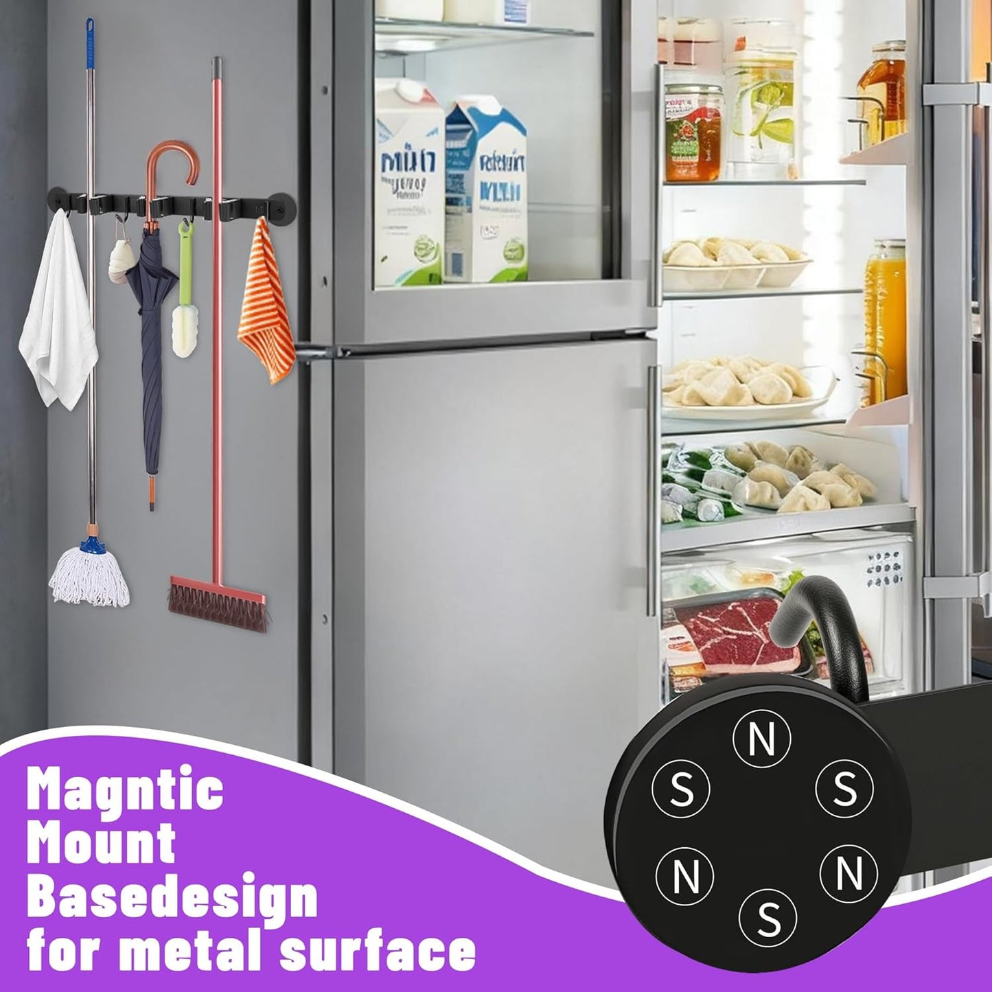 Magnetic Broom Holder Wall Mount - Heavy Duty Non-Slip Mop Hanger with 4 Hooks a