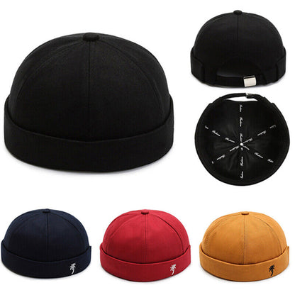 Men Retro Brimless Hat Skull cap Sailor Cap Beanie Rolled Cuff Adjustable