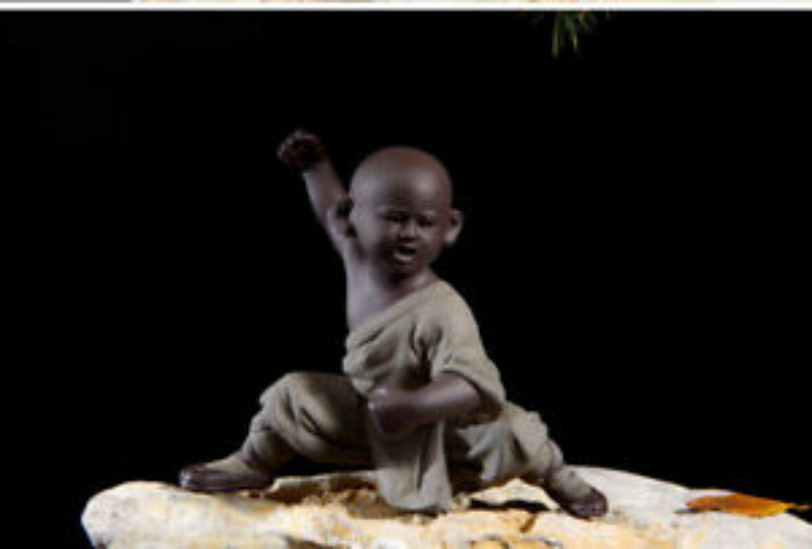 4pcs Kungfu Boy Statue Handmade ShaoLin Monk Kungfu Pose Purple Clay Tea Pet
