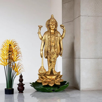 Hindu God Brass Lord Bhagwan Vishnu Narayann Idol Holding Club Figurine Statue