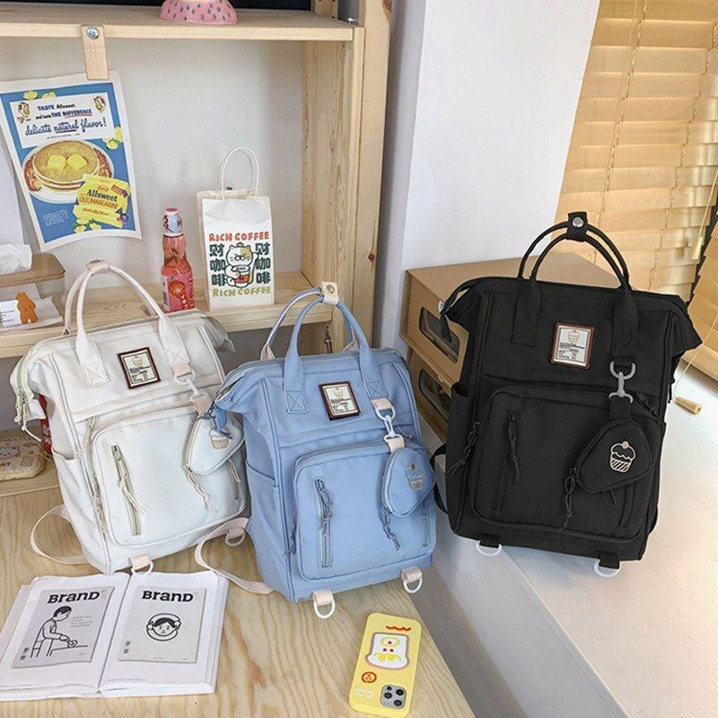 Backpack Nylon Daypack Large Travel Bag Student School Bag 25*16*39CM Blue Beige