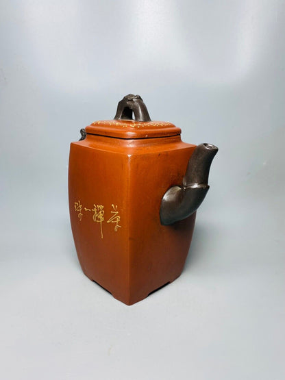 Chinese Yixing Zisha Clay Handmade Exquisite Teapot （高四方泥绘壶 底款：曼稀陶艺）