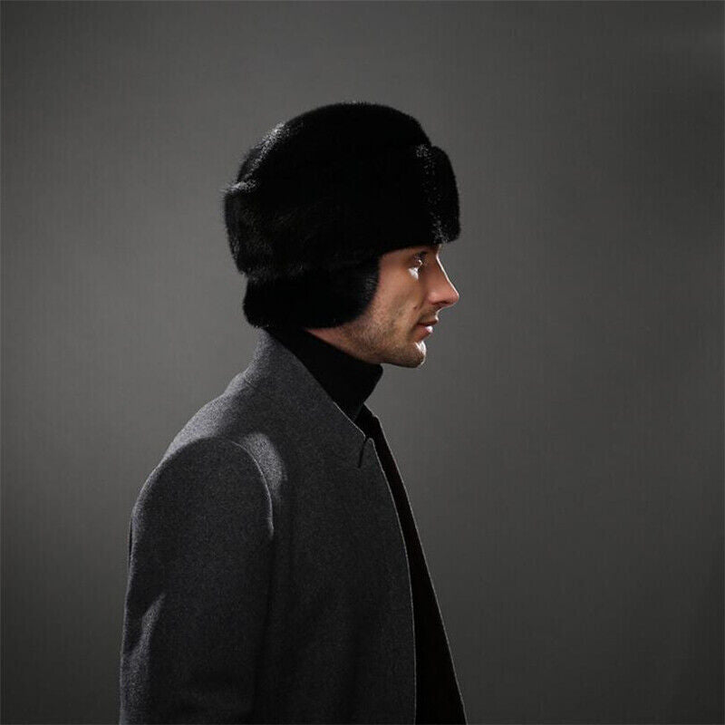 Winter French Style Mens Full-pelt Mink Hats Outdoor Solid Earflaps Hats