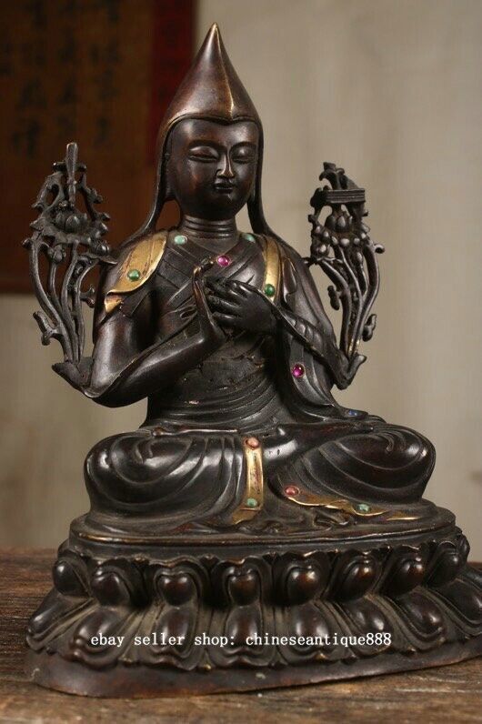 7" Old Tibet Bronze Gilt Inlay Gems Je Tsongkhapa Lama Guru Master Buddha Statue