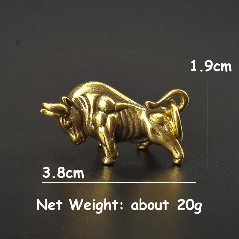 Pure Brass Bull Keychain Pendant Ring Hanging Ornament Miniature Tea Pet Craft