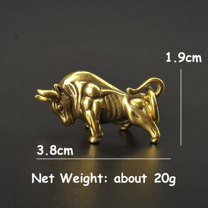 Pure Brass Bull Keychain Pendant Ring Hanging Ornament Miniature Tea Pet Craft