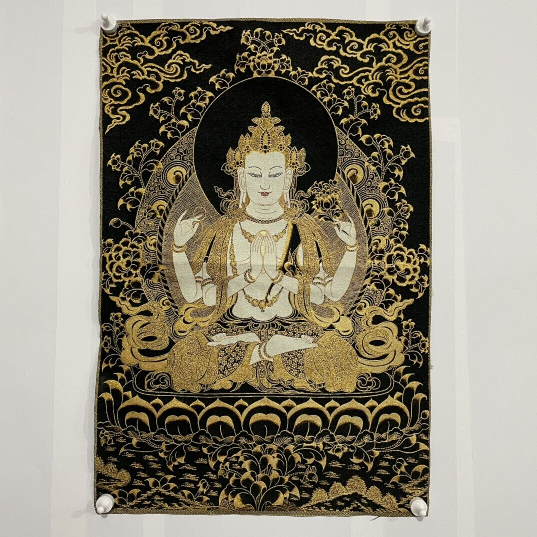 35" Decor Silk Cloth Embroidery black gold 4 Arm kwan yin thangka Mural guanyin