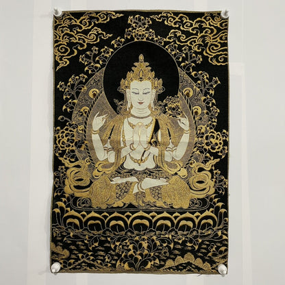 35" Decor Silk Cloth Embroidery black gold 4 Arm kwan yin thangka Mural guanyin