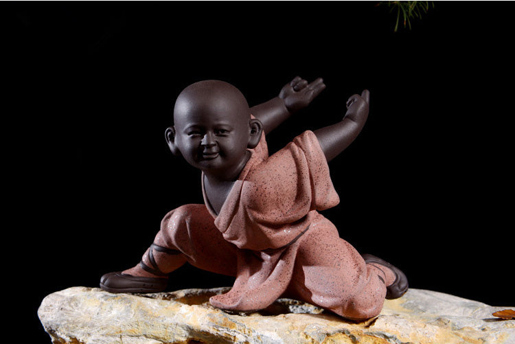 Chinese Shao Lin Monk Kungfu Posture Statue Zisha Purple Clay Boy On Tea Tray