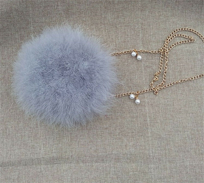 New Designer Fluffy Genuine Feather Clutch Fur Bag Round Chain Purse Multi-color