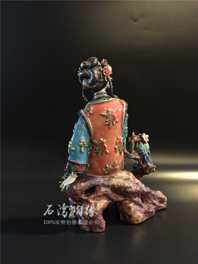 10" Wucai Porcelain Pottery Classic Beauty Women Lady Belle Happy Flower Statue
