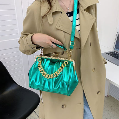 Shoulder Bag Pleated Bag Thick Chain Clip Handbags Satchel Leather Crossbody Bag