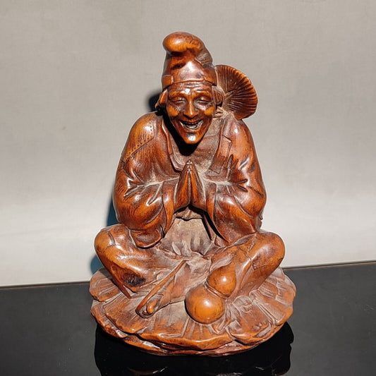 Nice wooden buddha statue boxwood carving happy monk antique figures home decor