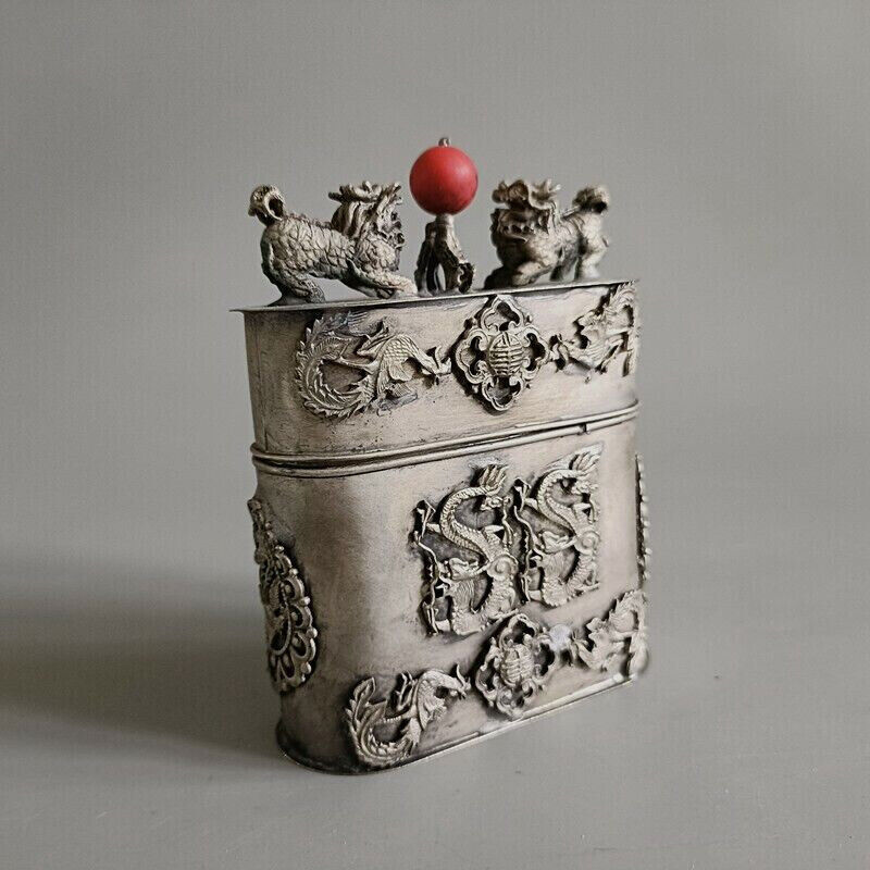 Exquisite Old Chinese tibet silver handcarved Dragon phoenix toothpick box
