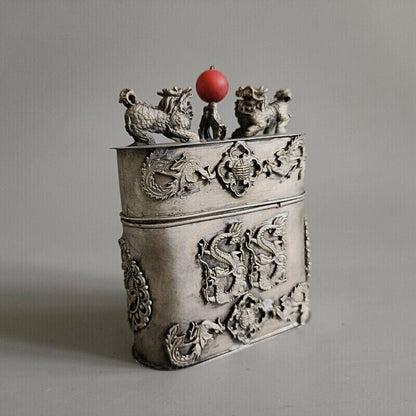 Exquisite Old Chinese tibet silver handcarved Dragon phoenix toothpick box