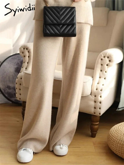 Women Pants Autumn Winter Wide Leg Pants Casual Drawstring Straight Wool Pants