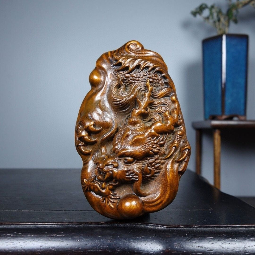 Chinese Boxwood Exquisite Dragon Statue Loong Two-sided Carving Desktop Decor