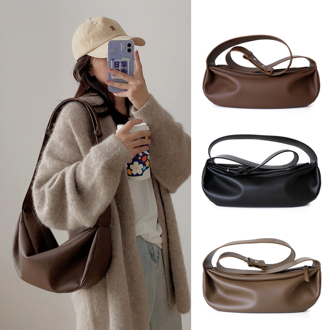 Wide Strap Real Leather Shoulder Bag Draped Pouch Crossbody Sling Bag Purse Hobo