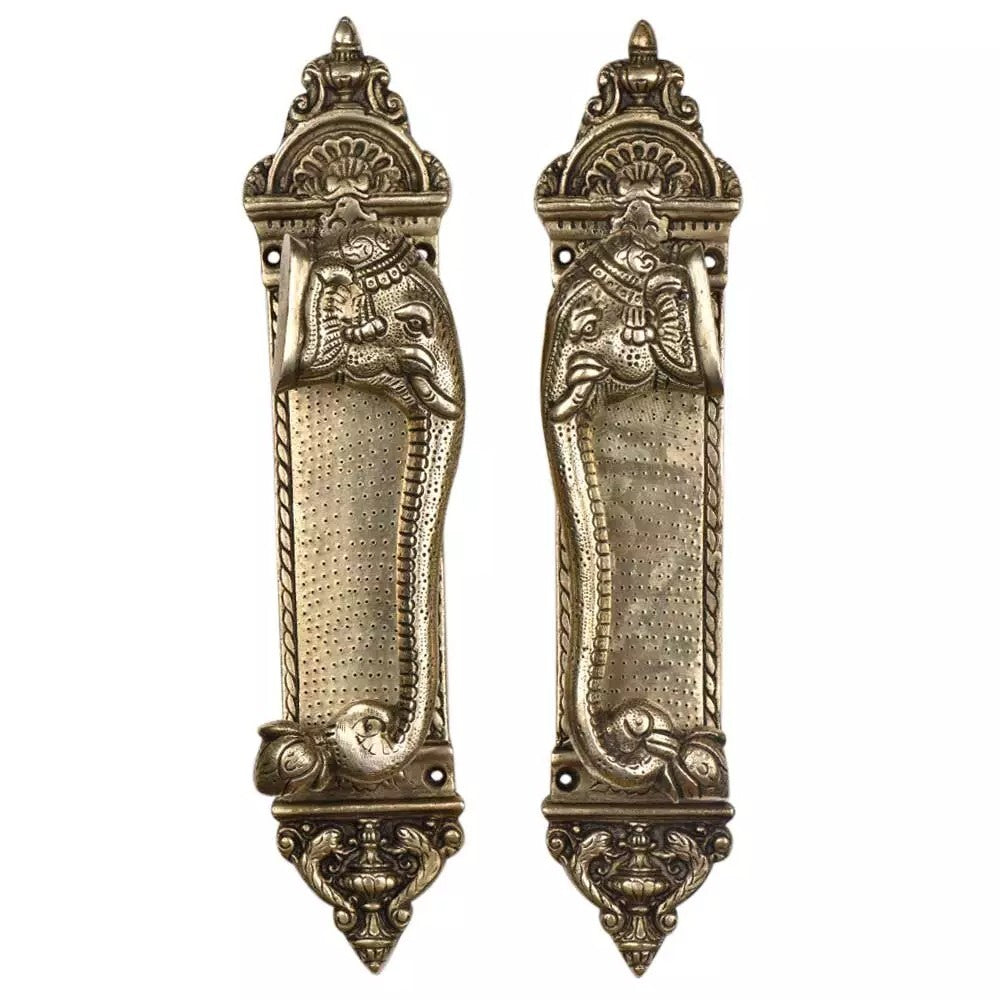 Set of 2 Antique Look Brass Elephant Head And Engraved Design Door Handles