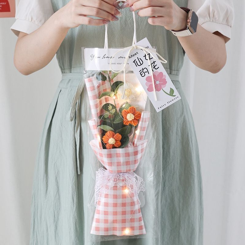 Crochet Flowers Bouquet Milk Cotton Hand-Knitted LED Light Gift Bag Floral Decor