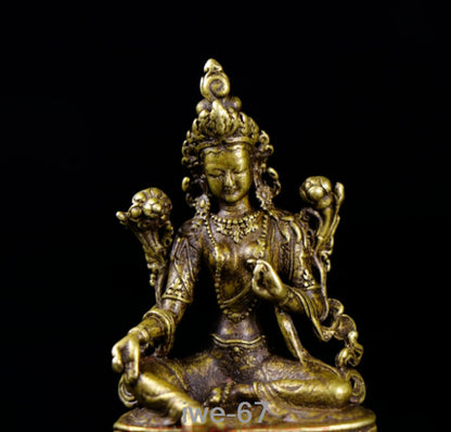 Asia Old Tibet Bronze Solid Small Green Tara Buddha Statue