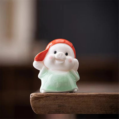 Ceramic Pig Red Cap Tea Pet Porcelain Desktop Ornament Decor Pig Tea Figures