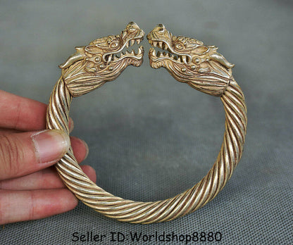 3.8" Collect Old Chinese Silver Dynasty Palace Double Dragon bracelet bangle