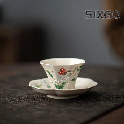 Hand Drawn Orchid Butterfly Octagonal Teacup Tea Bowl Meditation Cup Saucer Kit