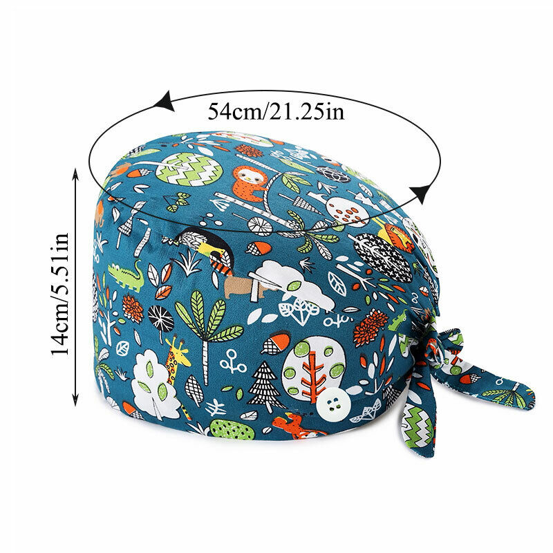 Unisex Surgical Scrub Cap Doctor Nurse Cotton Cartoon Adjustable Hats Buttons