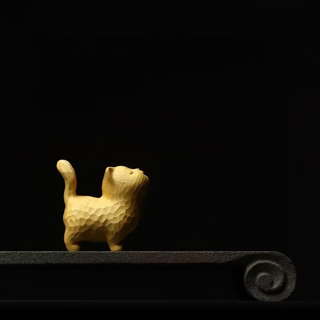 Lovely Boxwood Wood Cat Statue netsuke table decoration hand piece