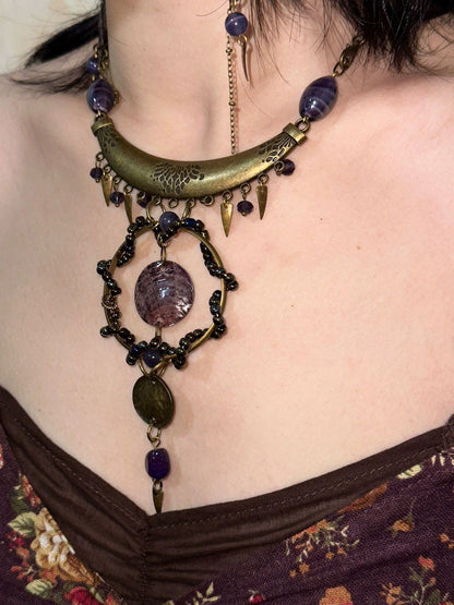 Botang Vintage Shell Purple Stone Necklace Aged Bronze Retro Choker Jewelry