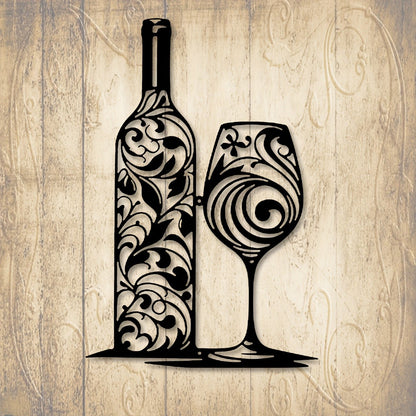 Metal Wine Bottle Wall Art Black Swirl Iron Sculpture Kitchen Home Decor