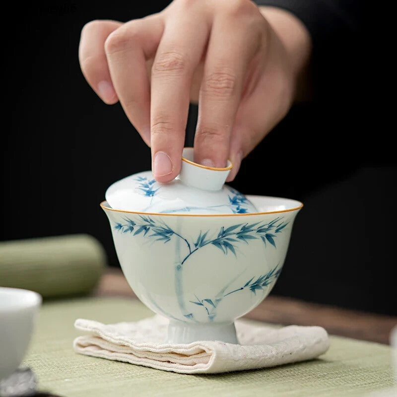 Pure hand-painted Bamboo Foot Cover Bowl Teacup Chinese Thin Embryo Ceramic