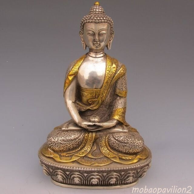 China Old Sakyamuni Buddha Silver Gilt Handwork Tibetan Buddhism Statue Supplies