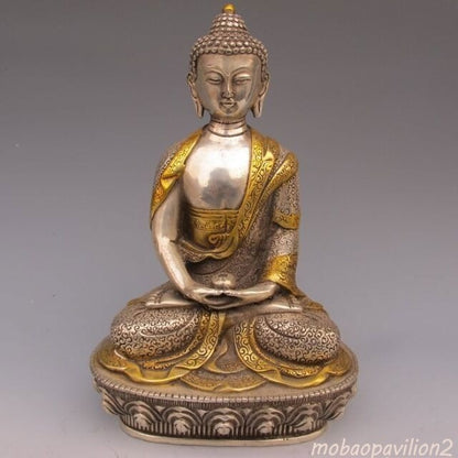 China Old Sakyamuni Buddha Silver Gilt Handwork Tibetan Buddhism Statue Supplies
