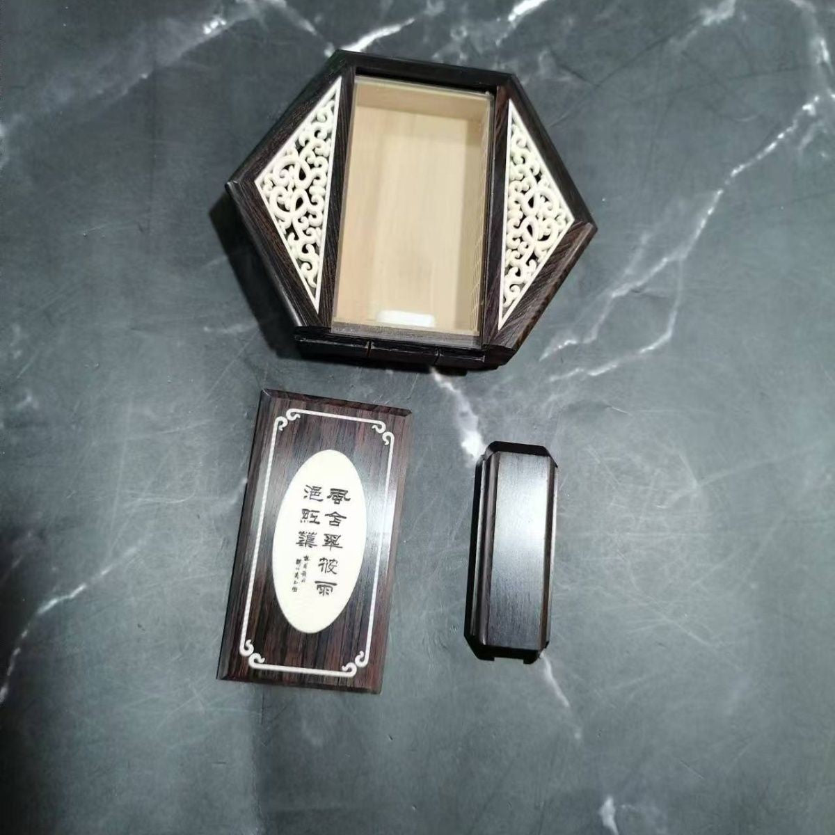 Hexagonal Ebony Cricket Keeper Single Grid Chinese Antique Style Inlay 7.5x1.8cm